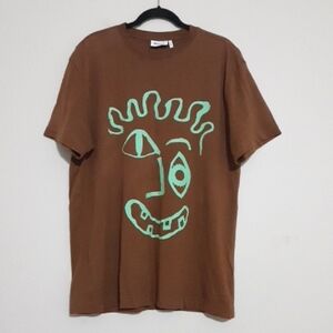 Week End Brown T-Shirt with Green Abstract Face Design Women M casual  Y2k Retro